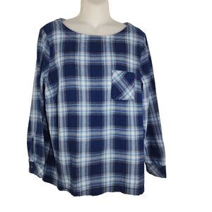 J Jill Womens Top Medium Petite Plaid Popover Button Back Long Sleeve Cotton Blu